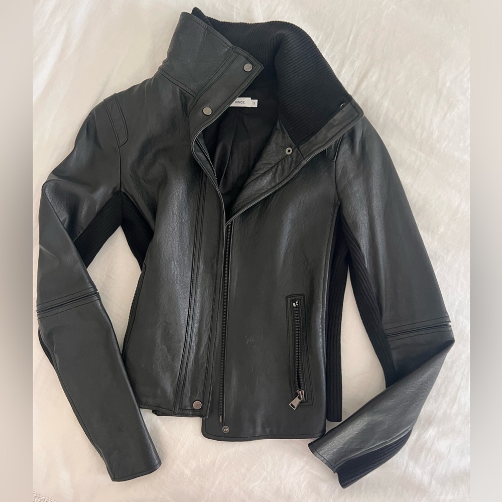 Vince Black Leather Moto Jacket high collar XS